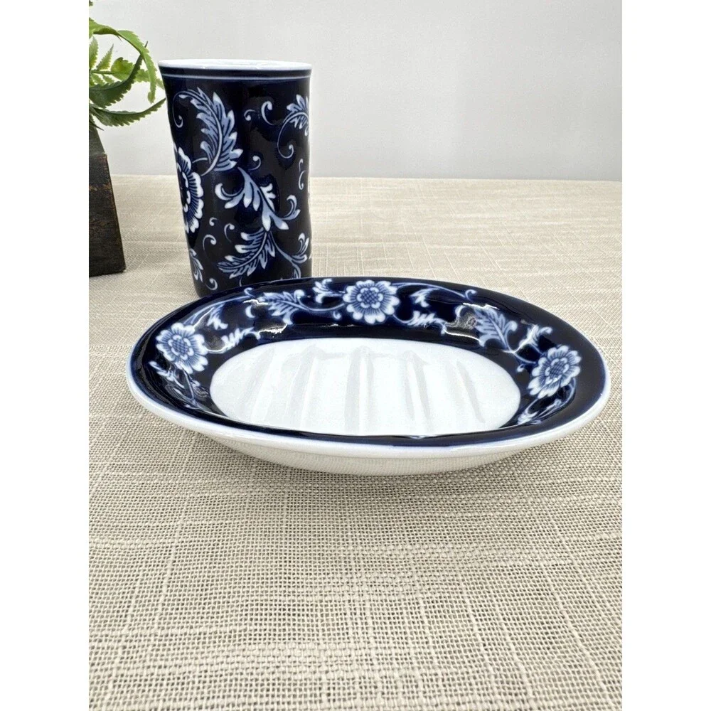 Pier 1 Imports Mandarin Cobalt Blue & White Soap Dish and Cup Toothbrush Holder